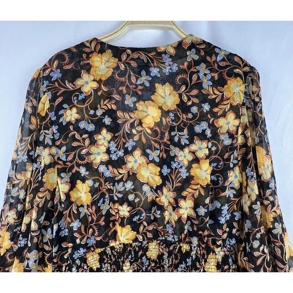 Old Navy Womens Top Size XL Dark Floral Smocked Long Sleeve Peplum Shirt - Picture 12 of 15